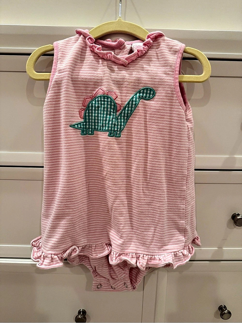 Stitchy Fish Pink Striped Dinosaur Skirted Romper Size 24M